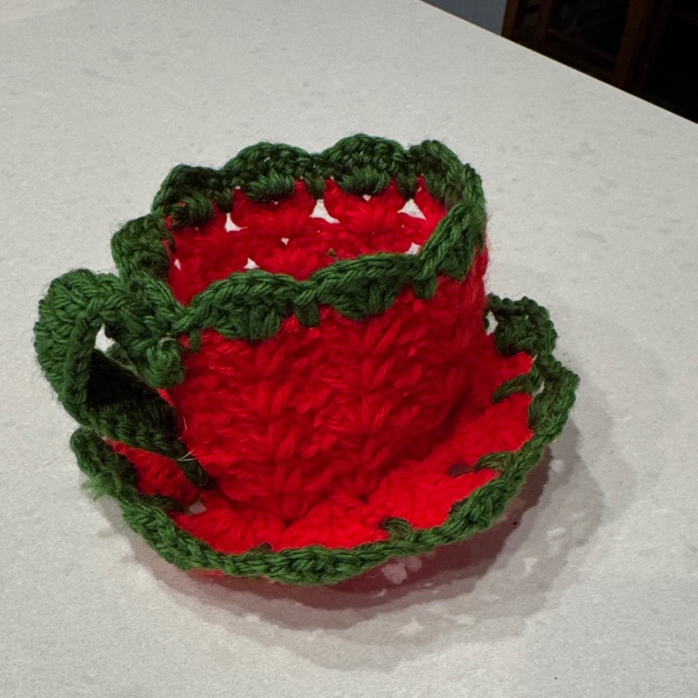 Festive Red and Green Crochet Cup and saucer. Think of grandma so fun!